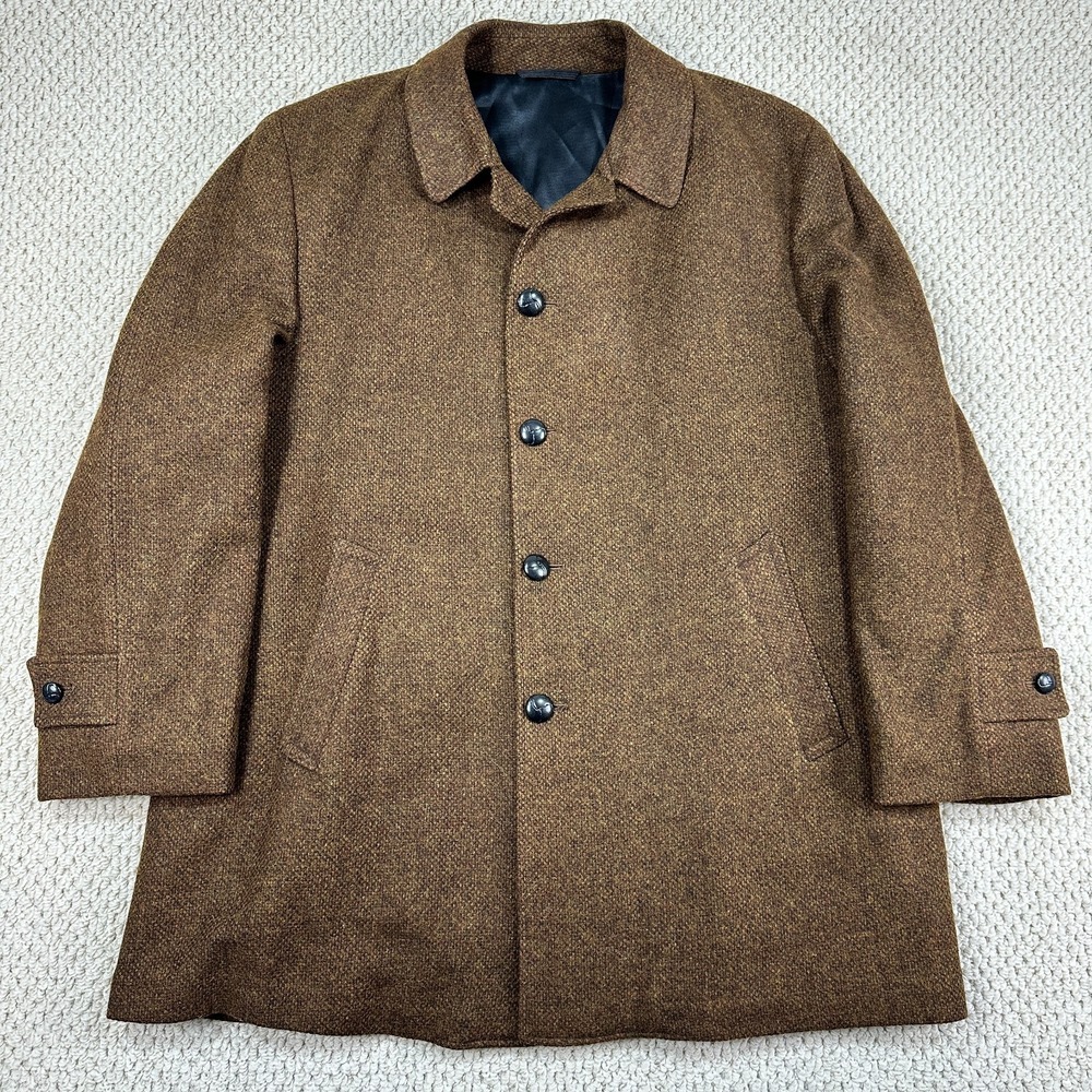 GLenoit Dragstedts Overcoat Mens 50 Brown Tweed Wool Deep Pile Faux Fur Lined